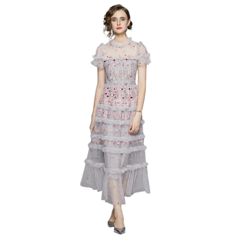 2026 Summer Elegant Sweet Flounce Round Collar Short Sleeve Tulle Embroidery Women Maxi Casual Dress