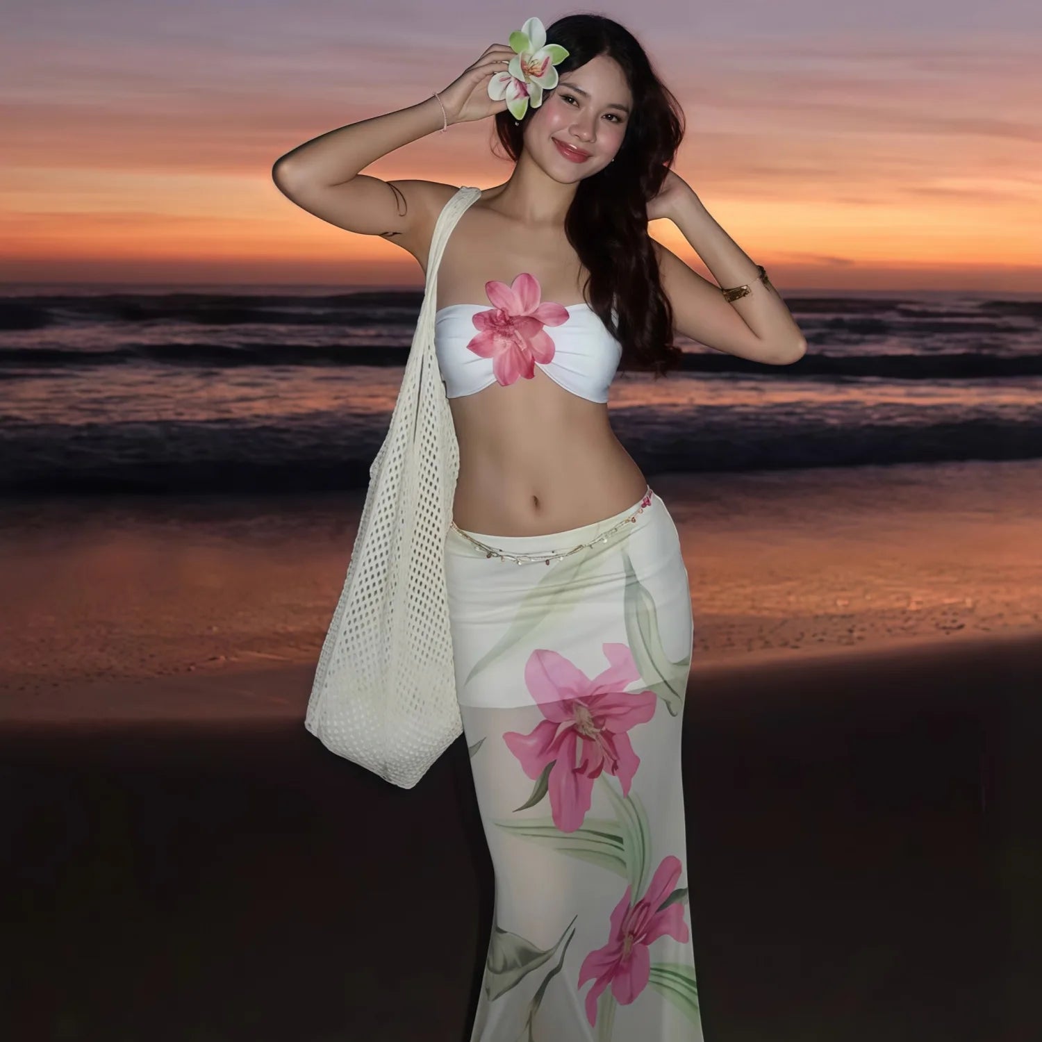 2025 Summer Style Cross-Border Bodycon Midi Skirt Above Knee Printed Mesh Knee Short Companion with Bow Top ODM Supply