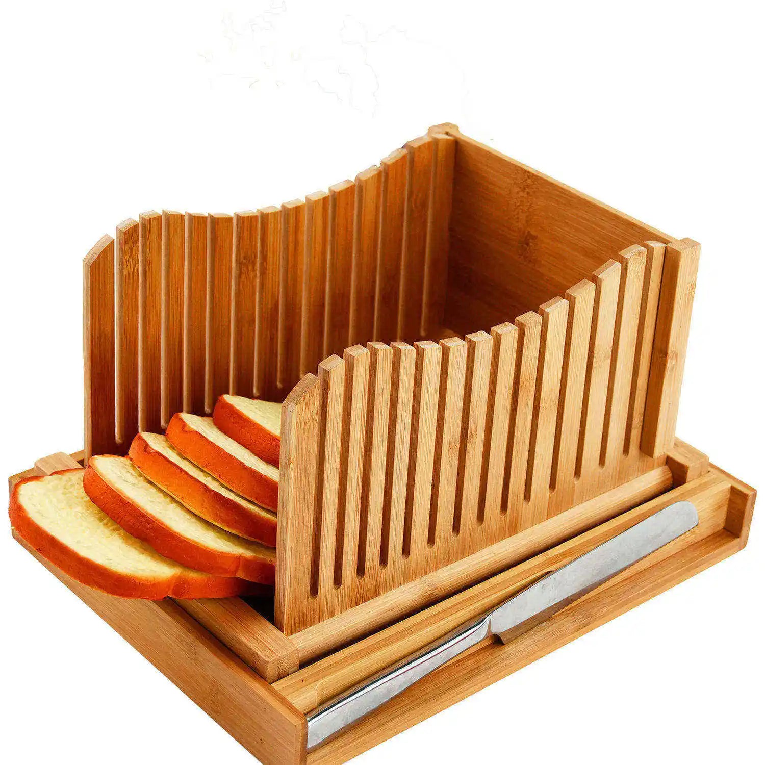 Factory Direct Sales Bamboo Bread Slicer With Knife 3 Slice Thickness Foldable Compact Cutting Guide With Crumb Tray