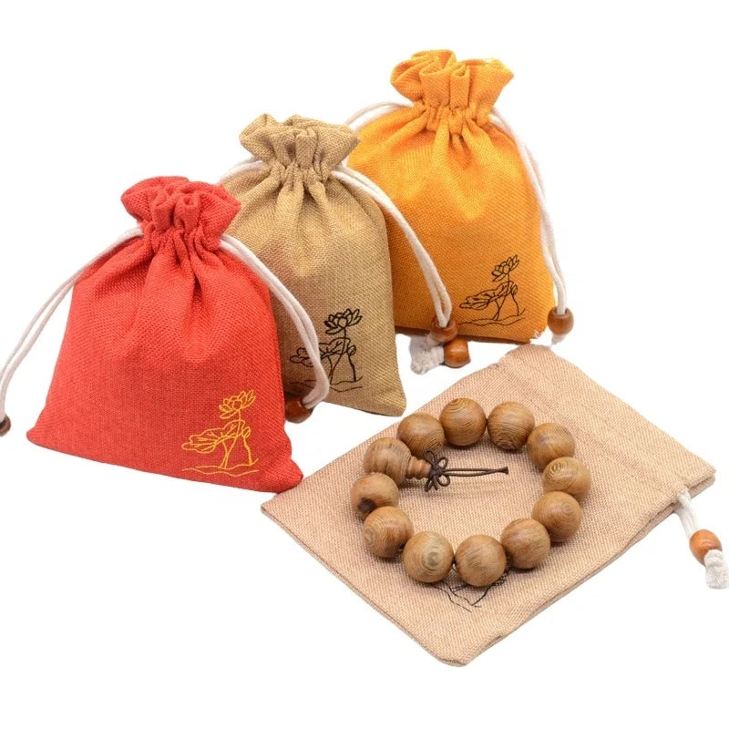 Custom Logo Colorful Cotton Fabric Linen Pouch Jute Drawstring Shopping Bags Jewelry Gift Bag Packaging Textile