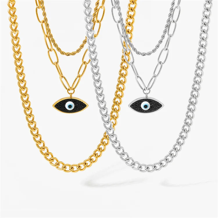 HipHop Eyes Pendant Black Zircon Three Layer Link Chain Eye Pendant Necklace for Women