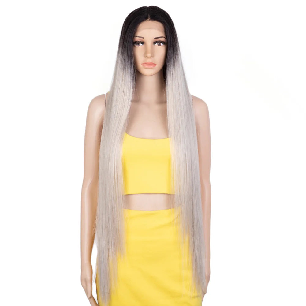 Middle Part Lace Front Wig Long Silky Straight HD Transparent Swiss Ash Blonde Ombre T Part Synthetic Hair Wig With Highlights
