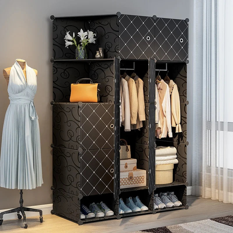 Cheap Modern Black Checkered Plastic Wardrobe for Bedroom Workshop & Living Room Use 8 Doors 2 Hangers Clothes Storage