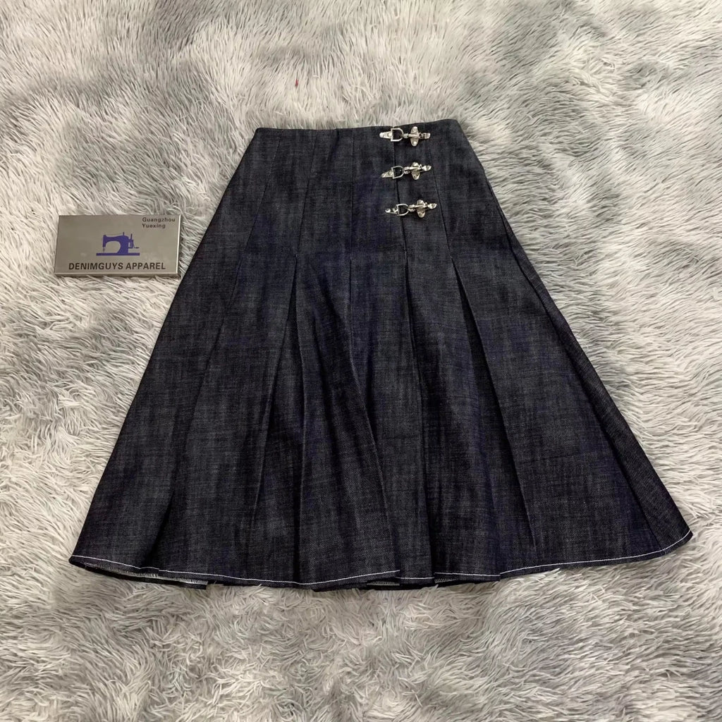 DENIMGUYS Women Ladies Denim Midi Pleated Skirt High Stree Long Mid-Calf Jean Skirts