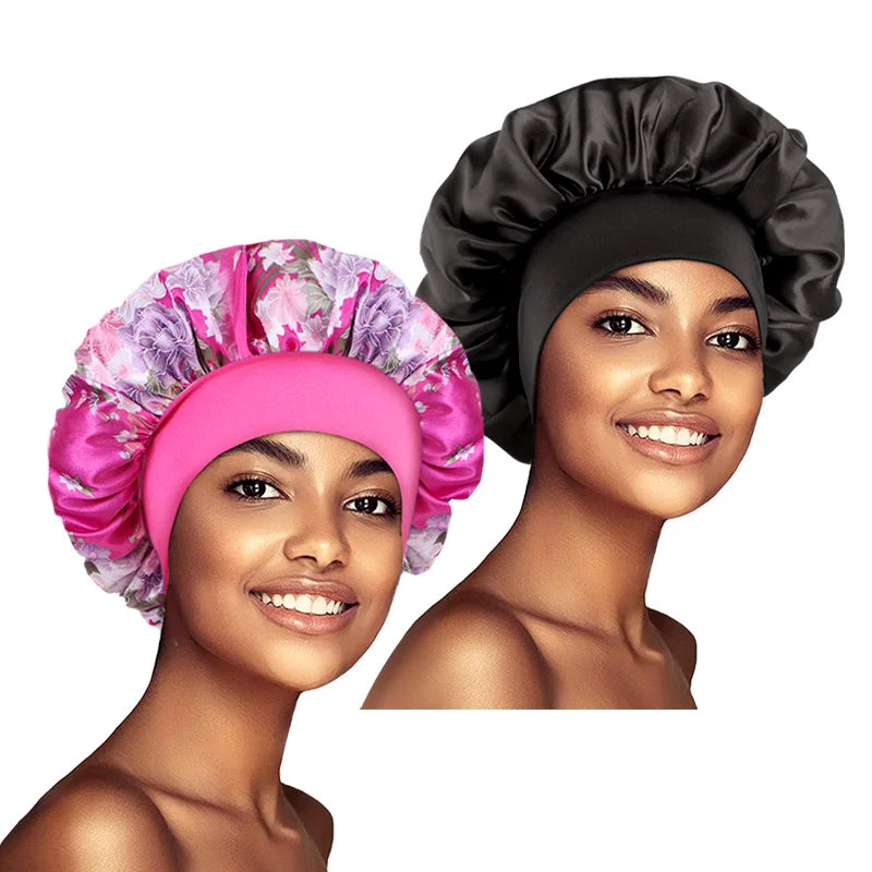 Best Selling Stock Hats Two Pieces/Set Ladies Sleep Bonnets Satin Material Hair Care Bonnets With Wide Band