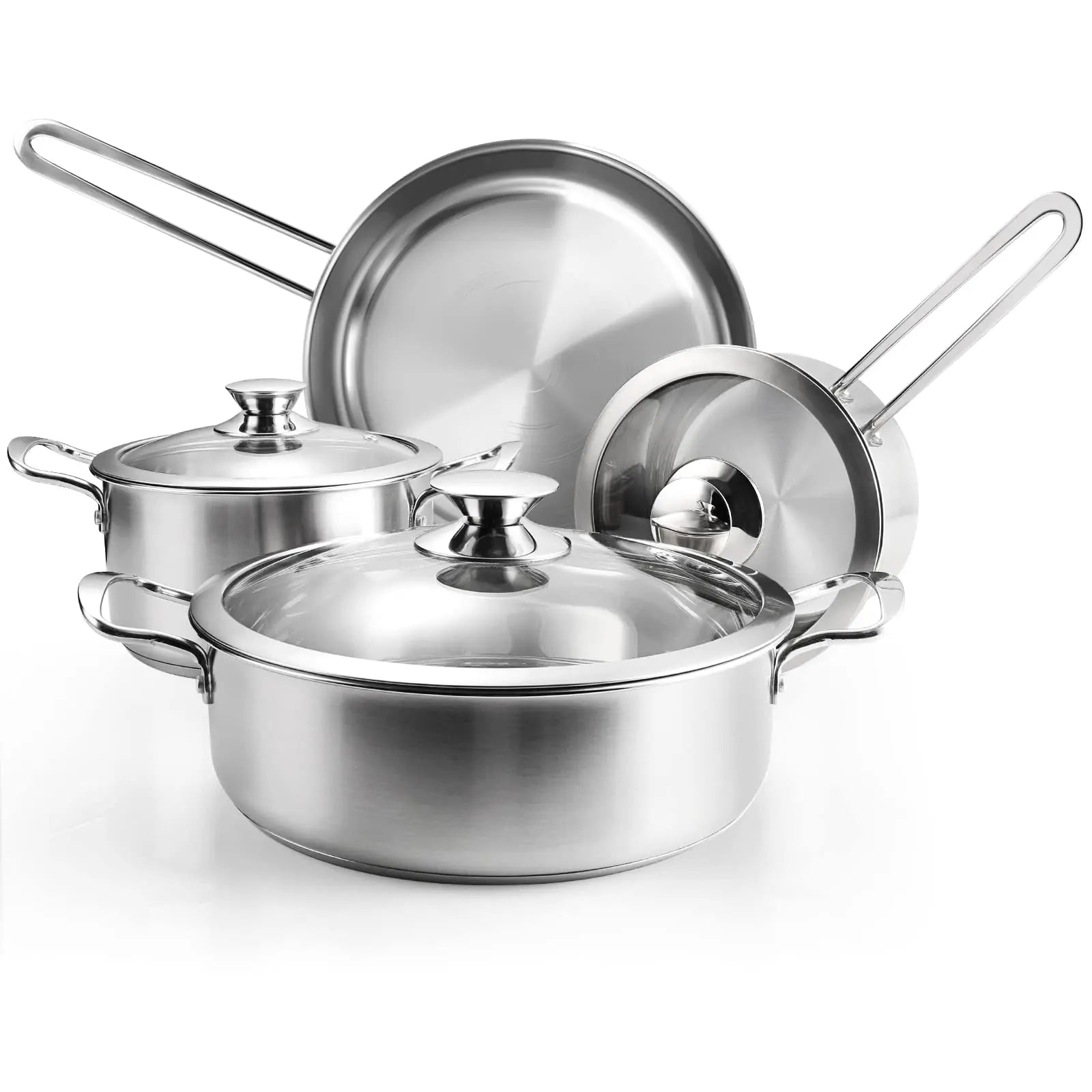 7-Piece Stainless Steel Pots and Pans Set with Induction/Electric and Gas Cooktops Dishwasher with Glass Lids Stay-Cool Handle