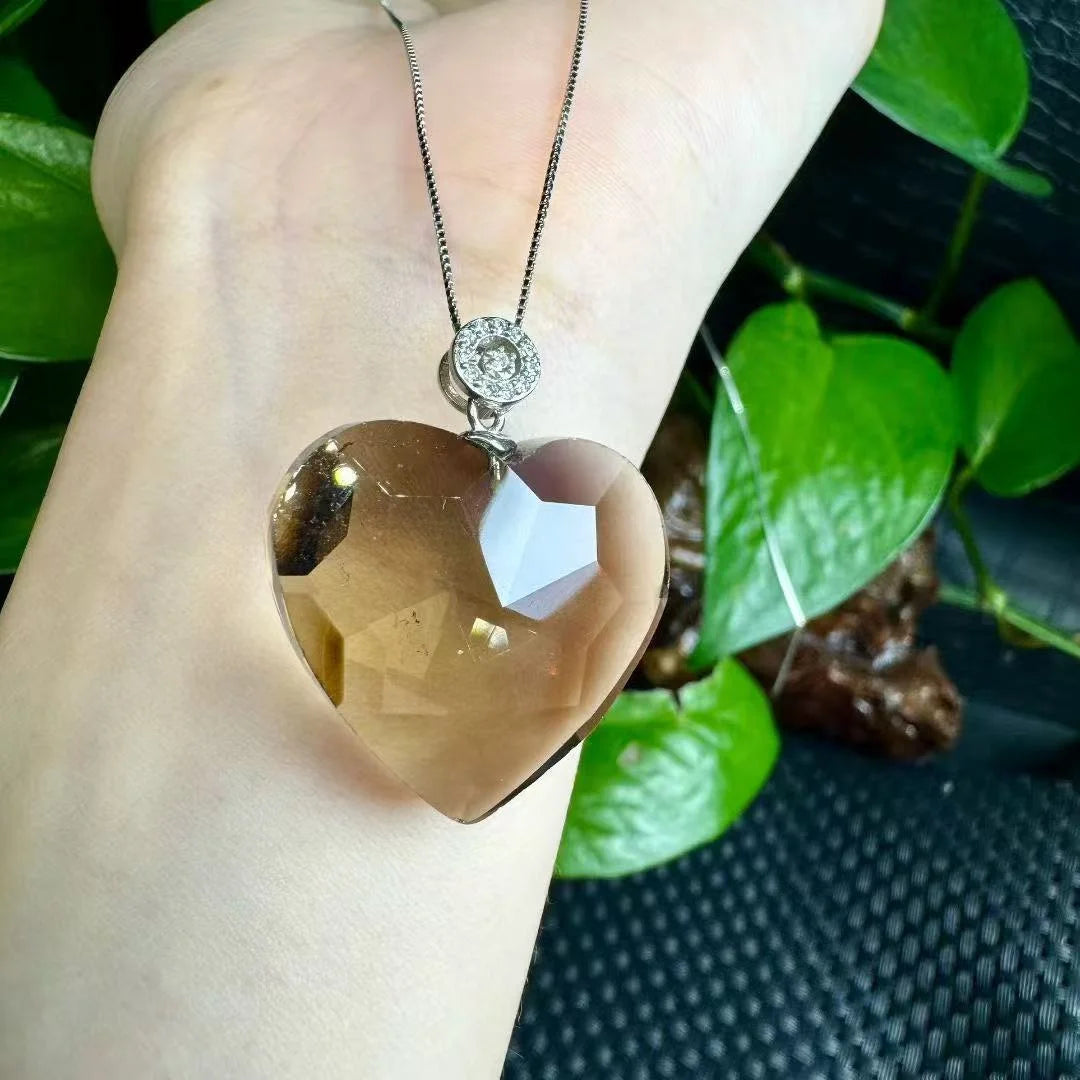 Handmade Chakra Healing Crystal Jewelry Natural Faceted Smoky Heart 925 Sterling Silver Pendant for Muladhara