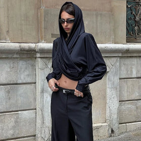 Manufacturers Wholesale Ruched Long Sleeve Hooded Black Summer Women Clothing Streetwear Crop Top Femme Women's Hoodies Cropped