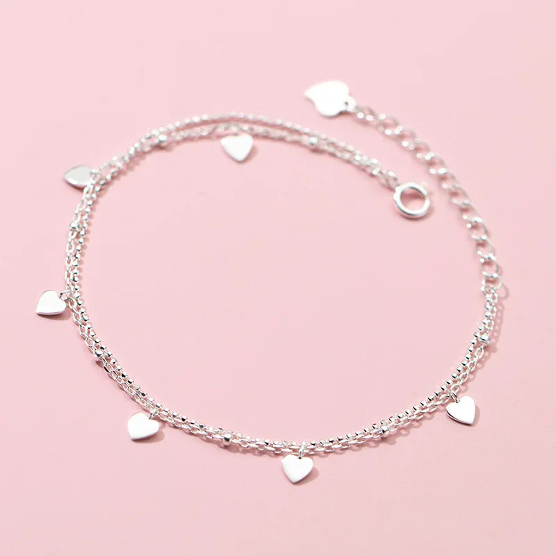 S925 Sterling Silver Double Layer Chain Bracelet Heart Charm Adjustable Bracelet for Women