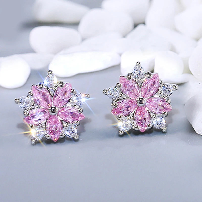 CAOSHI New Full Simulate Diamond Flower Stud Earring White Pink Cubic Zirconia Ladies Girls Silver Color Stud Earrings for Women
