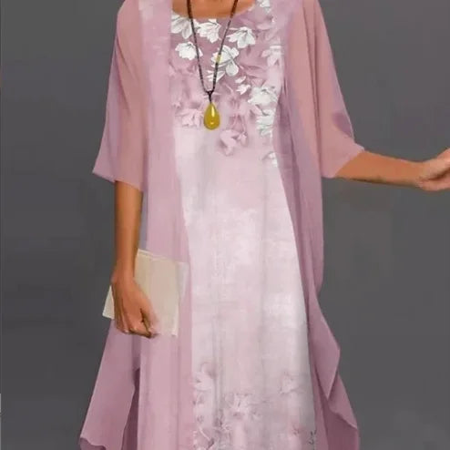 2024 European and American Summer Women's Casual Dress Two-Piece Set Floral Print Round Neck Slim Fit Long Skirt