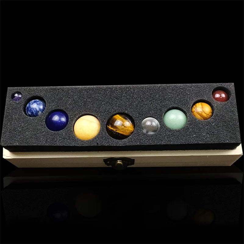 9 Planets Solar System Tumbled Stones Healing Crystal Gemstone Ball Set with Wooden Box Display Semi-Precious Stone Crafts