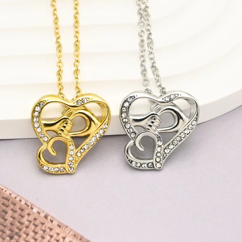 New Wholesale Fashion Gold Plated Stainless Steel Double Heart Pendant Necklace Heart to Heart Hand in Hand Mother's Day Gift