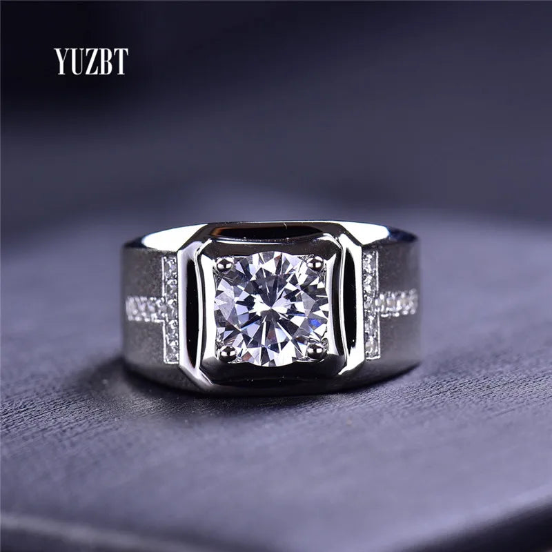 Men's Classic Silver 925 Original 2 Carat Round Brilliant Cut Pass Diamond Test D Color Moissanite Wedding Ring Fine Jewelry