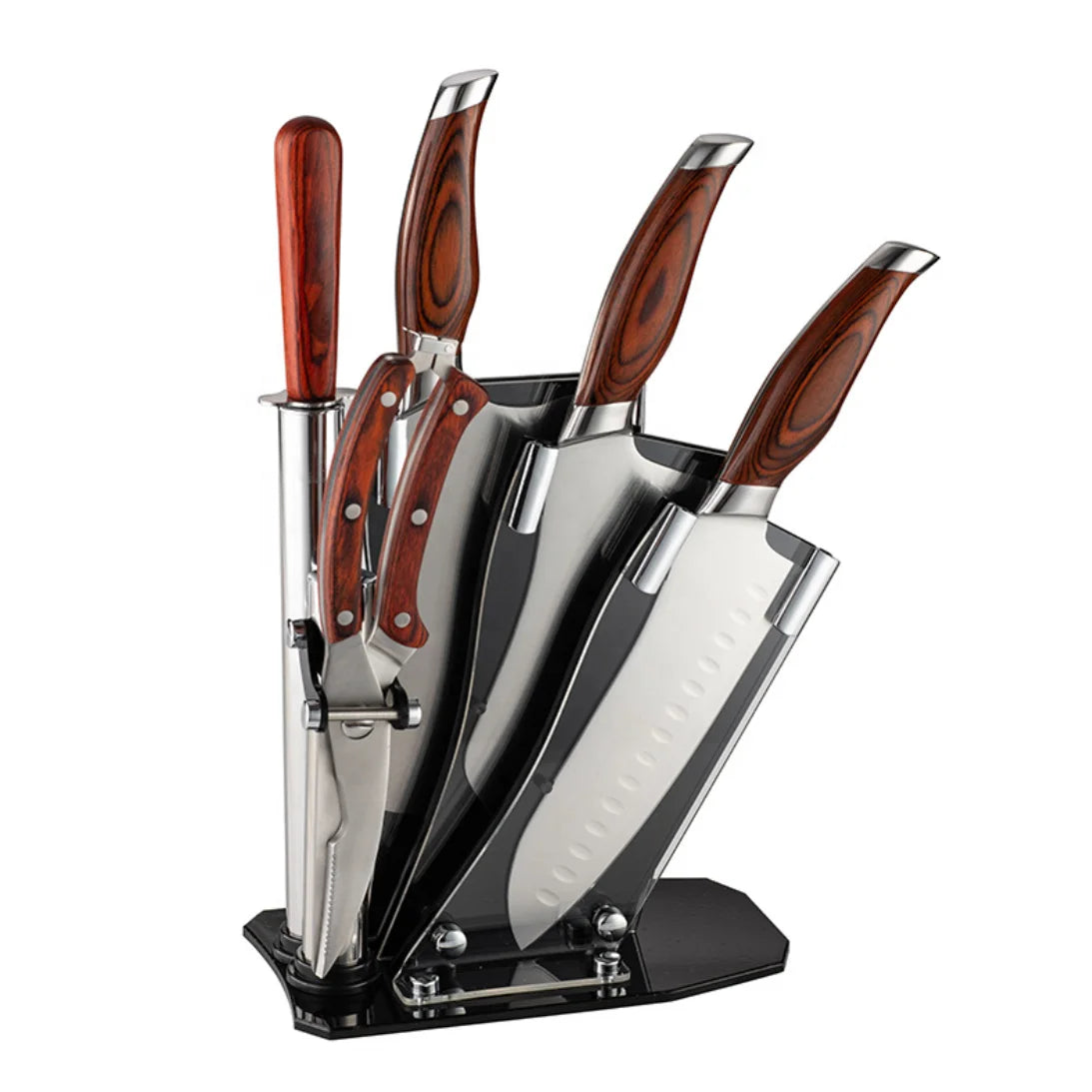 Stainless Steel Professional Chef Kitchen Knife Set Knife Sharpener Acrylic Block Ambidextrous Design 6-7.9in Blade Length