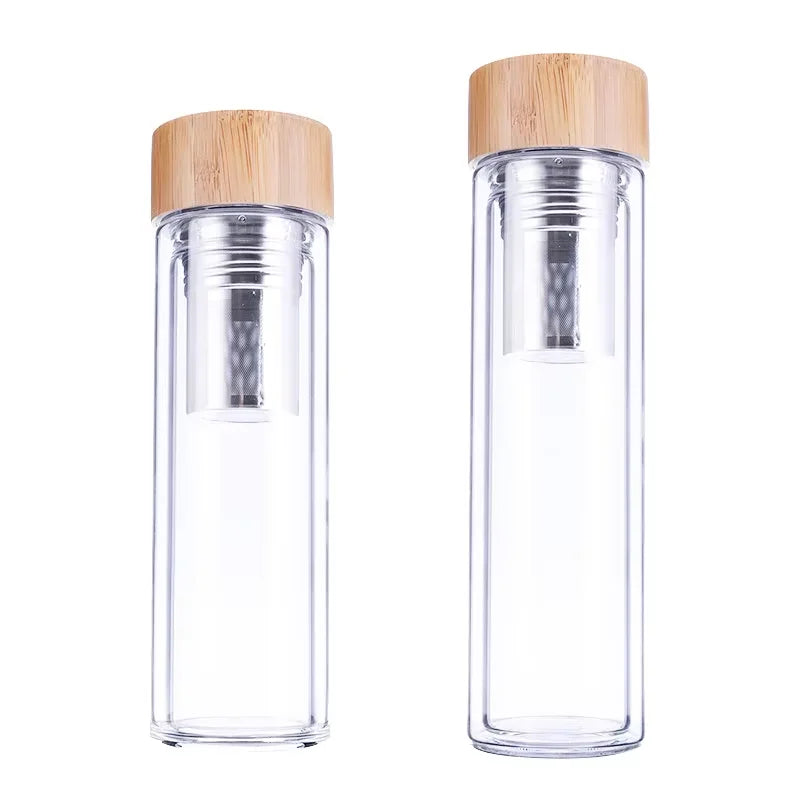 High Temperature Resistance Large Capacity Glass Water Bottle Double Wall with Tea Infuser and Bamboo Lid