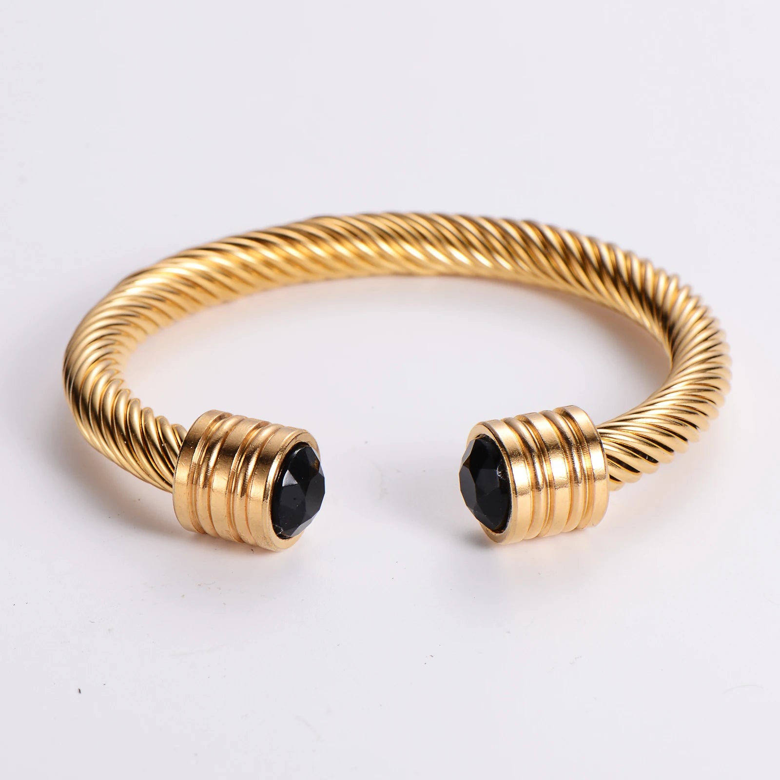 Male Jewelry Adjustable Twisted Cable Zircon 18k Gold Plated Stainless Steel Cuff Bracelet
