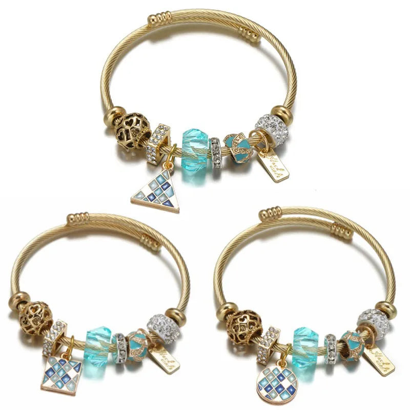 Women's Plaid Gold Stainless Steel Ring Bracelet Mosaic Geometric Round Pendant Couple Charm Jewelry Wholesale