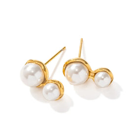 ERESI Fashion Stainless Steel 18K PVD Gold Plate Earrings Jewelry for Women Double Layer Shell Pearl Stud Earrings for Lady