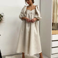 Enyami Spring Fall Outfits Romantic Chic Femme Cotton Linen Women Shorts Puff Sleeves Ladies Causal A-Line Midi Dress