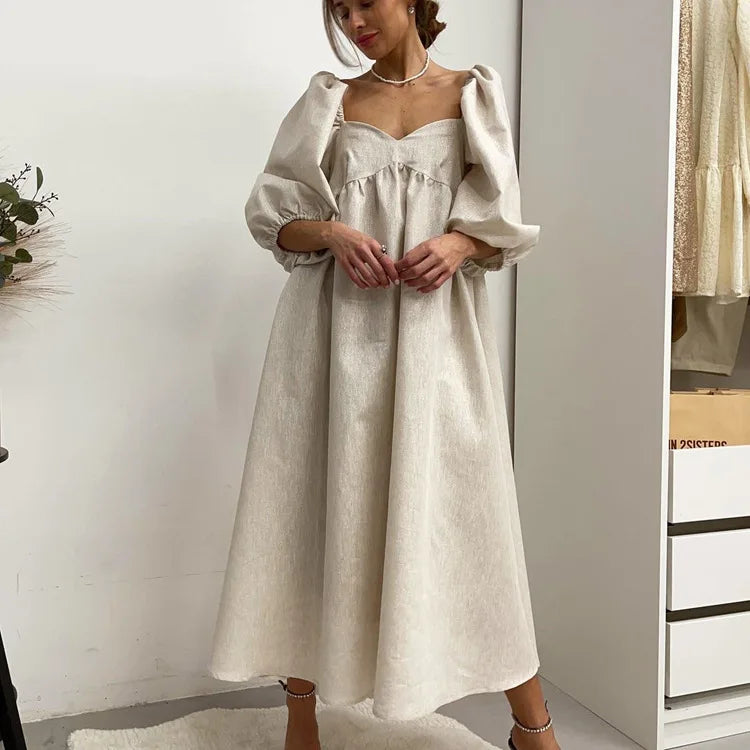 Enyami Spring Fall Outfits Romantic Chic Femme Cotton Linen Women Shorts Puff Sleeves Ladies Causal A-Line Midi Dress
