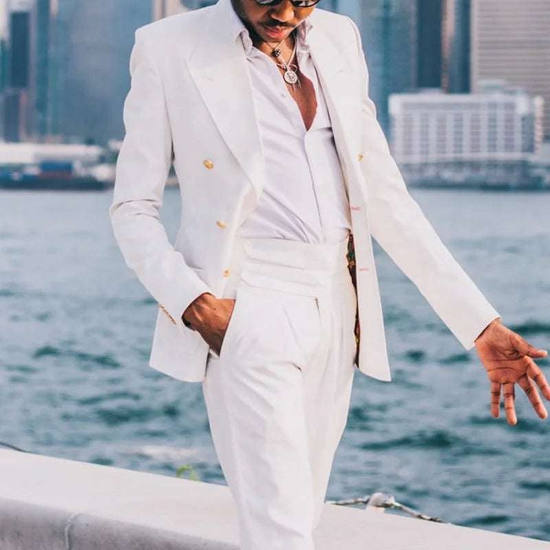 White Elegant Double Breasted Men's Business Suits Men's Wedding Bridegroom Prom Suits 2 Pieces(Jacket+Pant+Tie)traje Novio