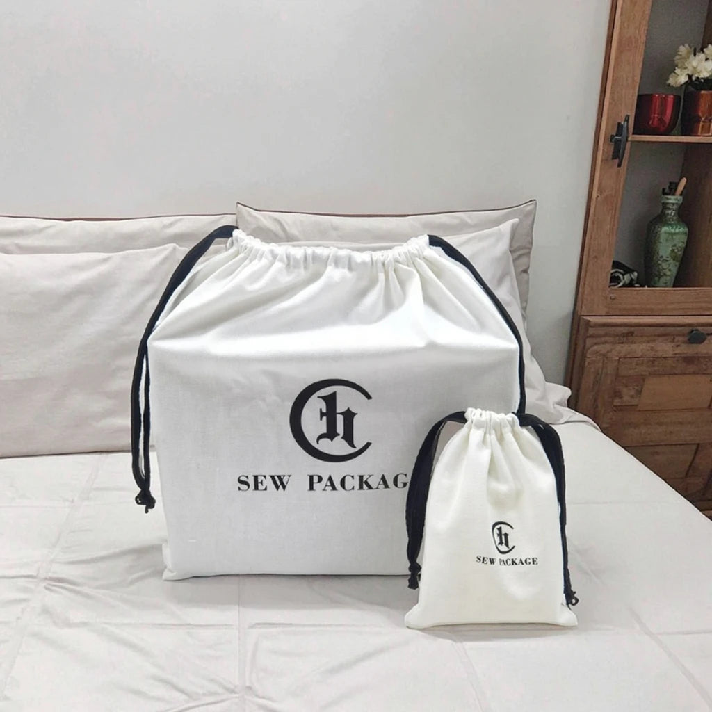 Chuanghua Custom Logo White Cotton Drawstring Bag Black String Organic Cotton Handbag Cover Dust Bag Clothing Packaging Gifts