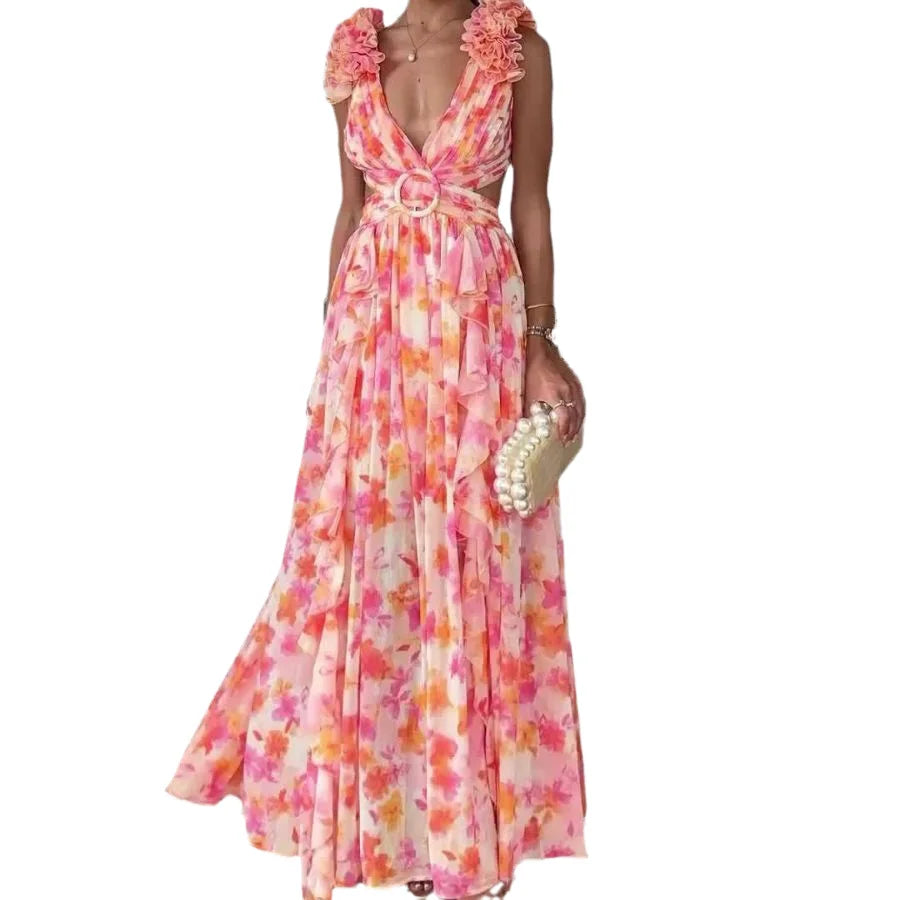 Women's Pink Floral Chiffon Maxi Dress Deep V Neck Ruffled Cut Out Waist Petal Shoulder Detail Bohemian Beach Vacation Gown