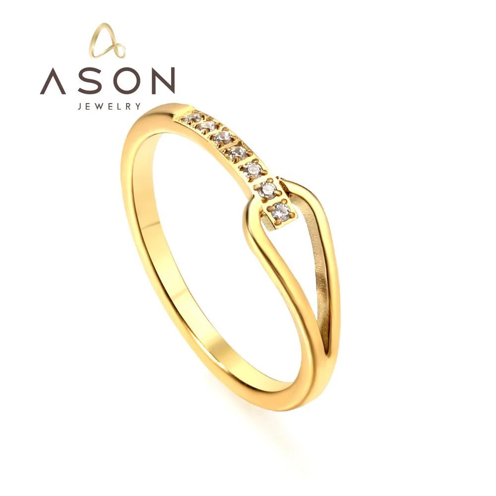 Ason Fashion Cubic Zirconia Ring Boho Stainless Steel 18k Gold Plated Geometric Hollow Simple Personality Jewelry Rings for Girl
