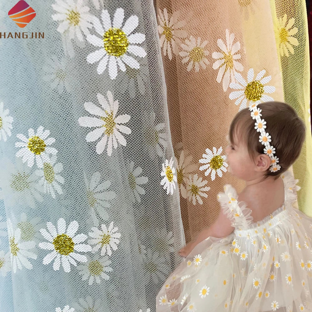Adorable Daisy Flower Print Soft Tulle Fabric Daisies Floral Printing Net Lace Fabric Mesh Fabric for Girl Party Costume Dress