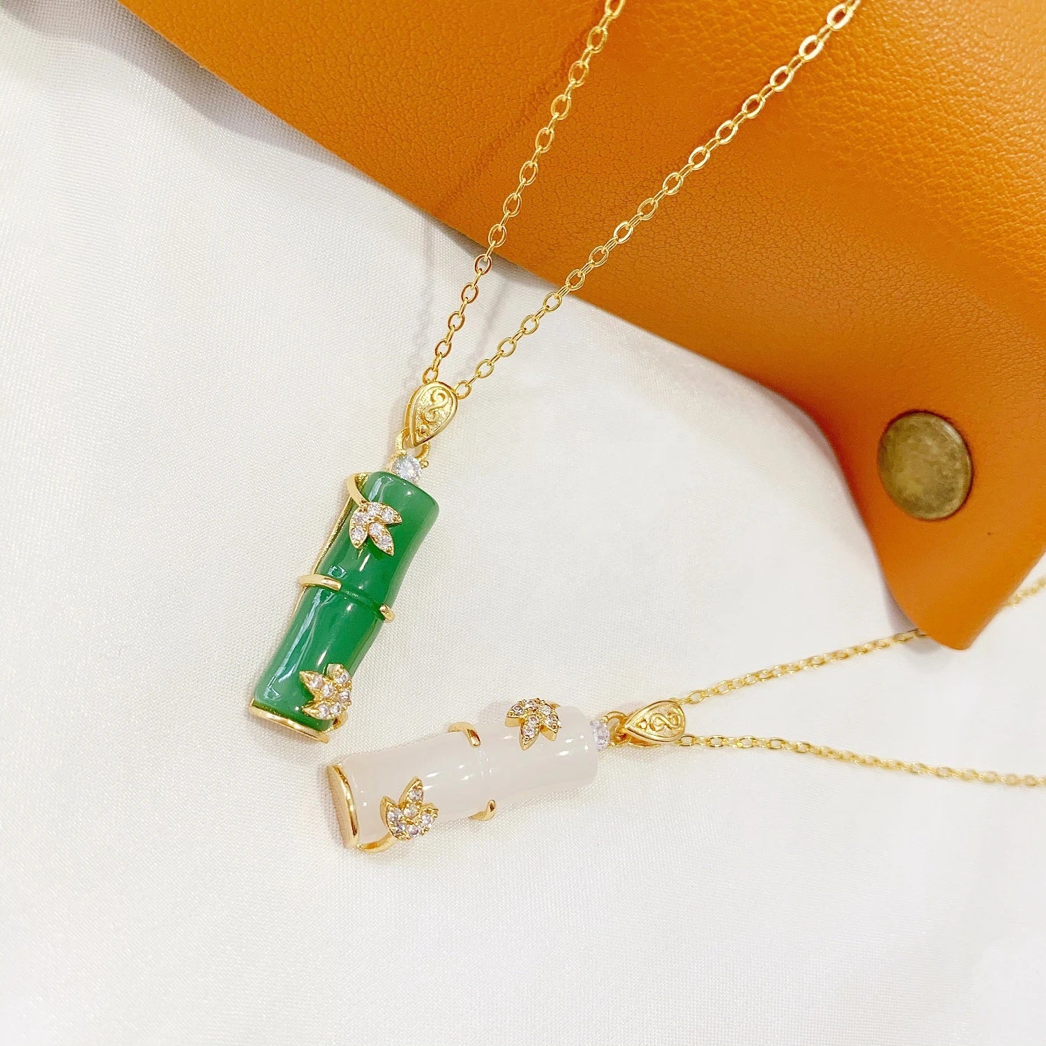 SC Real Gold Plated Stainless Steel Long Bamboo Shape Charm Necklace Natural Jade Pendant Necklace for Women Girls Jewelry