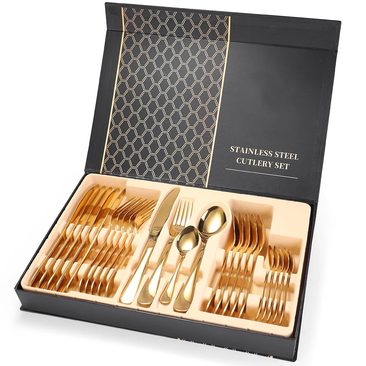 24-Piece Modern Stainless Steel Flatware Cutlery Set Eco-Friendly Metal Dinnerware for Parties and Dinners with Gift Box MegaBDM