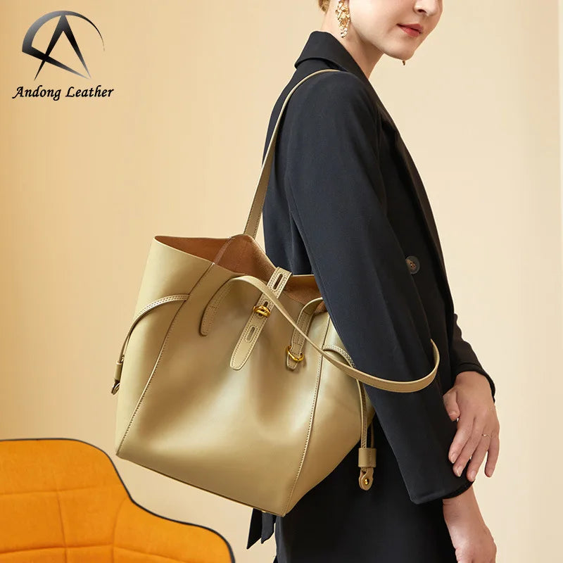 Genuine Leather Shoulder Bags for Women Large Capacity Tote Bucket Bags Female Handbag
