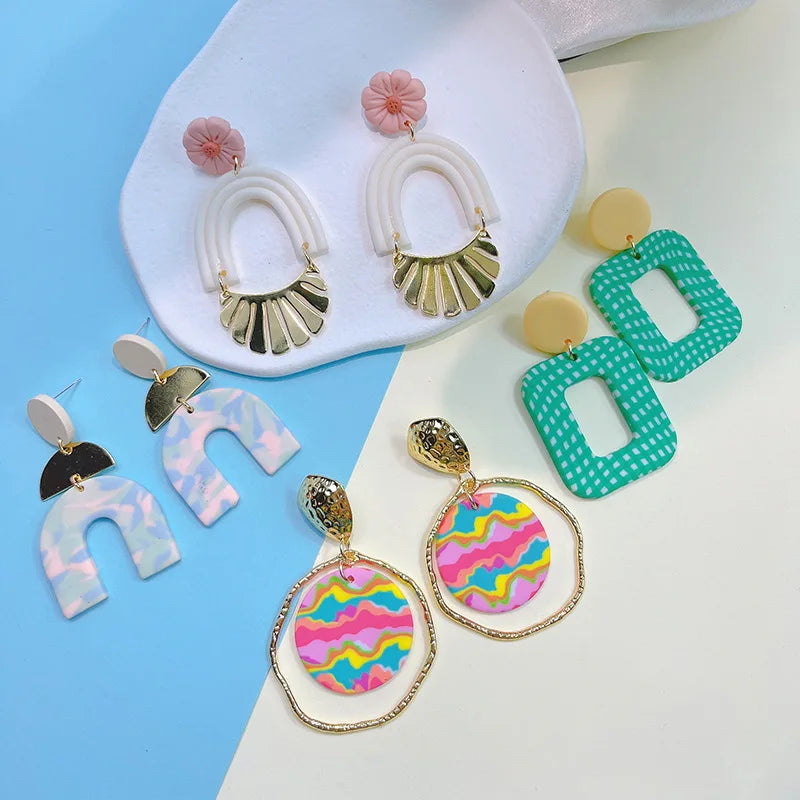 Handmade Ladies Colorful Geometric Dangle Drop Pendant Polymer Clay Statement Earrings Bohemia Earring Jewelry Supplies