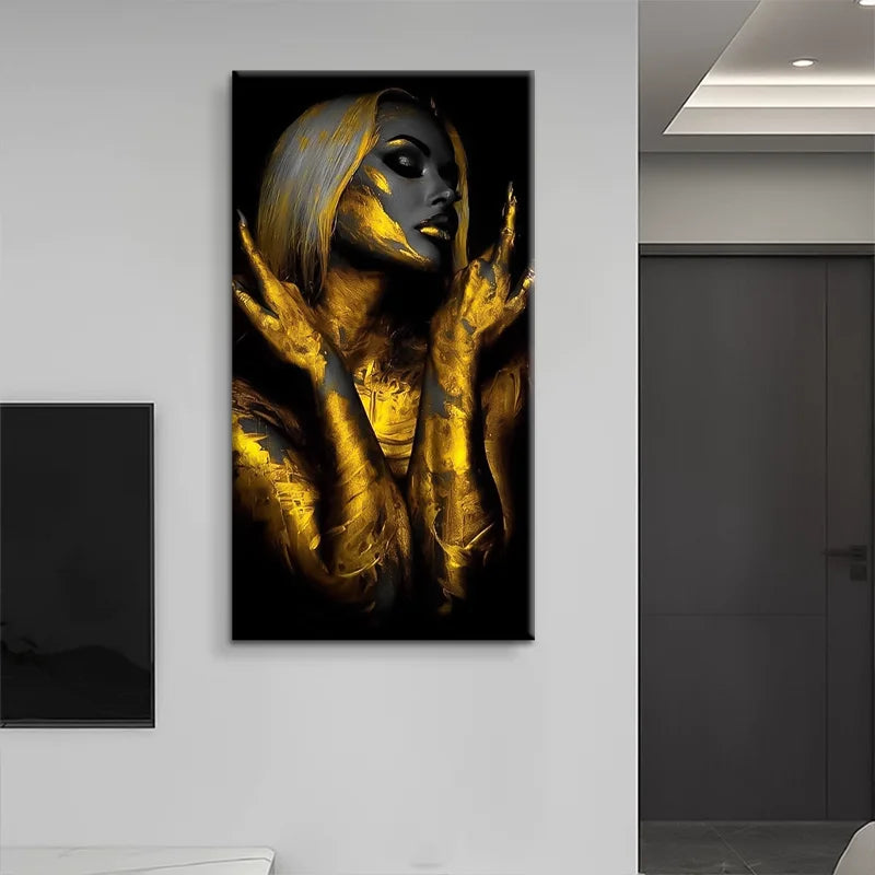 Wholesale Modern Woman Painting Body Art Golden Canvas Printed Portrait Digital Watercolor for Home Wall Decor