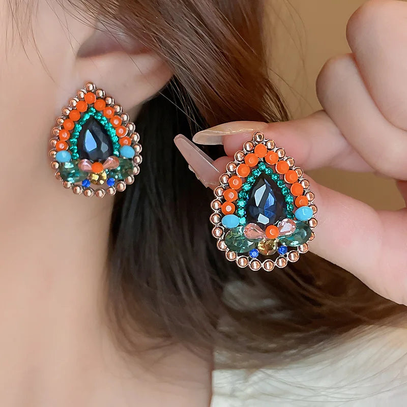 Vintage Silver Post Water Drop Earrings Colored Rhinestone Crystal Geometric Stud Earrings for Women