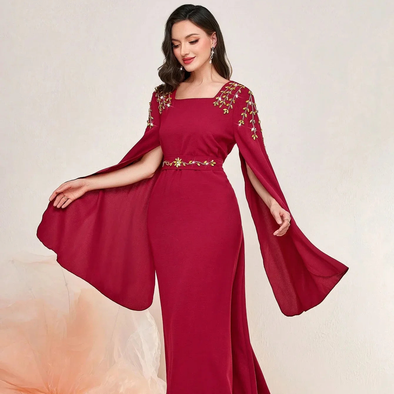 Embroidery V-neck Lantern Long Sleeve Women Dresses Sequined Mesh Tulle Clothing Lady Elegant Evening Dress