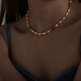 Vintage French Natural Stone Chain Necklace Freshwater Pearl Beaded Titanium Stainless Steel Choker Necklaces for Women