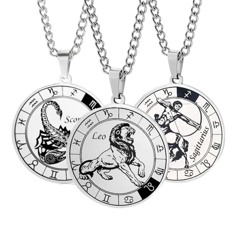 ODM Wholesale Stainless Steel Vintage 12 Zodiac Sign Lion Animal Round Coin Disk Pendant Necklace for Men Women