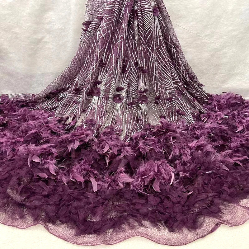 3D Beaded African Lace Fabric Sequins Elegant 3D Feathers Flower Sustainable Clothing Shoes Underwear Bags Decoration Work