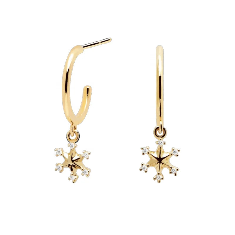 LOZRUNVE Bohemian 925 Sterling Silver Star Snowflake Delicate Gold Fashion Drop Huggie Hoop Earring
