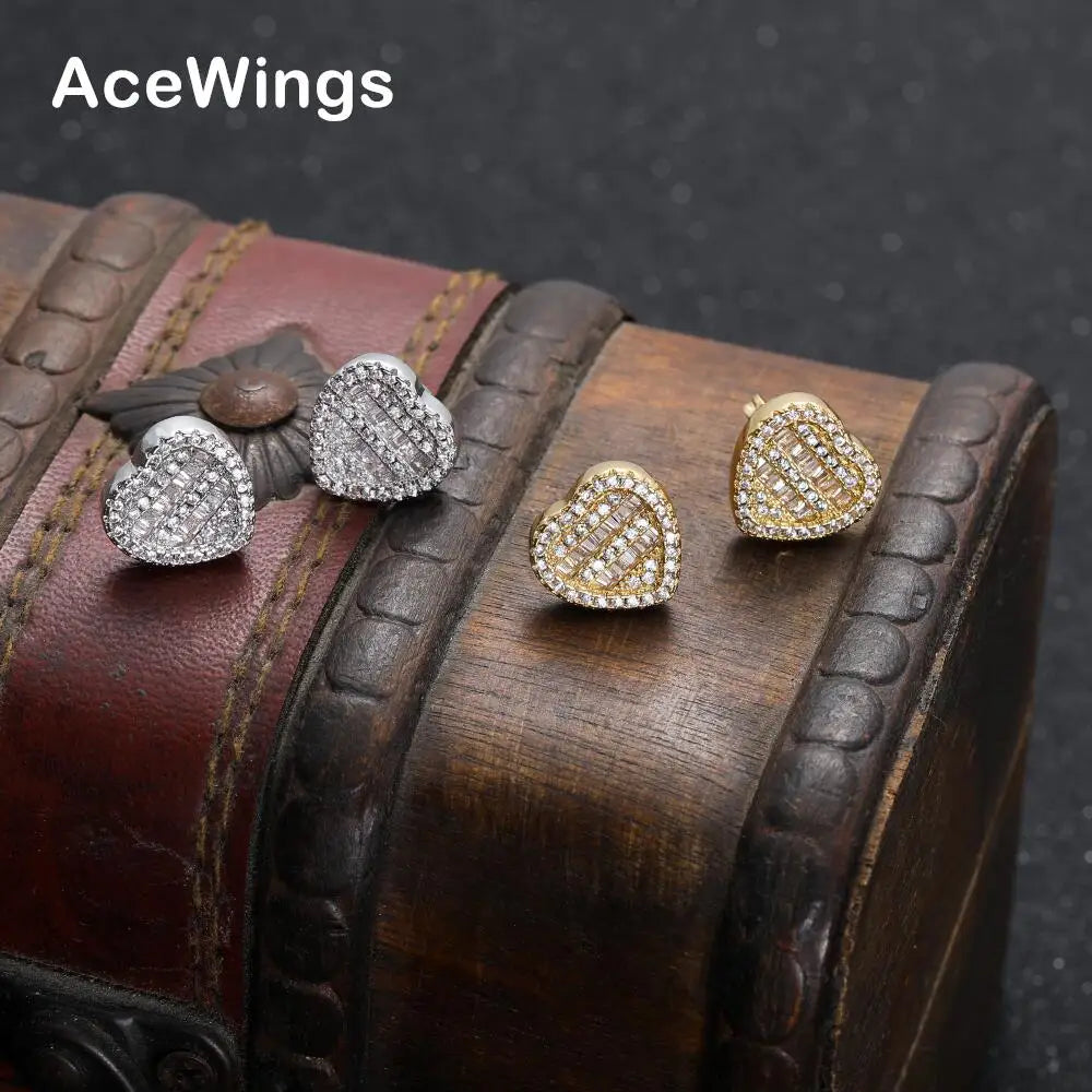 E021 Gold Plated CZ Charm Earrings with Heart Shape Hip Hop Iced Out Design Brass Setting