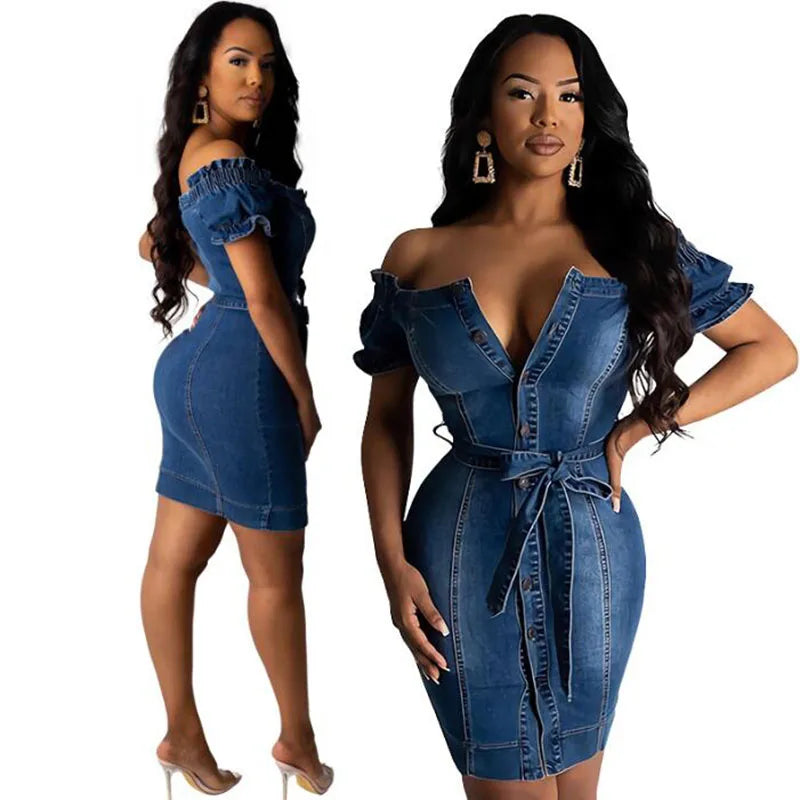 Summer Denim Dress Y2k Women Button Party Club Mini Dresses Spring Summer Vintage Slim Solid Ladies Bandage Jeans Dress