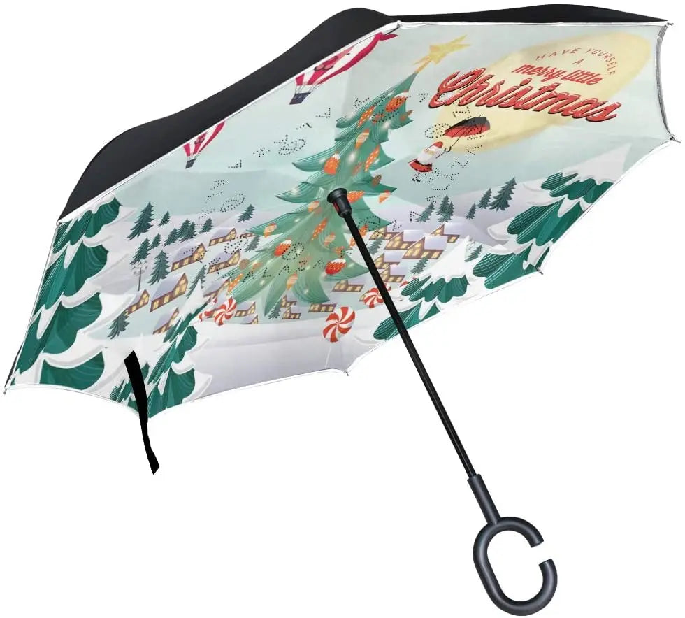 Merry Christmas Cartoon Windproof Double-Layer Anti-UV Straight Umbrella Stars Tree Reverse Design Fully-Automatic 23 Inch