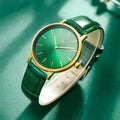Shengke Women's Luxury Business Fashion Green Dial 38mm Alloy Case Ultra Thin Quartz Wristwatch with Leather Strap K0134L