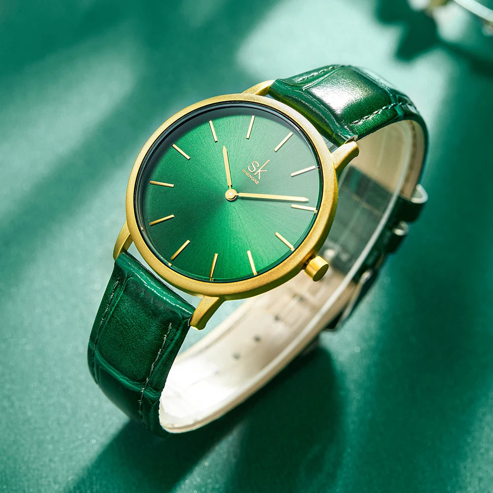 Shengke Women's Luxury Business Fashion Green Dial 38mm Alloy Case Ultra Thin Quartz Wristwatch with Leather Strap K0134L