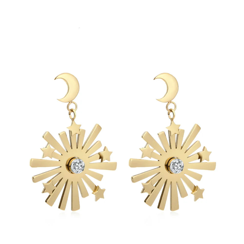 OEM Stars Moon Sun Drop Earrings for Women Gold Color Stainless Steel Long Hanging Dangle Earings Jewelry Oorbellen Kolczyki