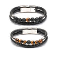 Couple Bracelet with Lava Stone Gemstone Beads Leather Magnetic Clasp-Tiger's Eye Lapis Lazuli for Men Women Gift