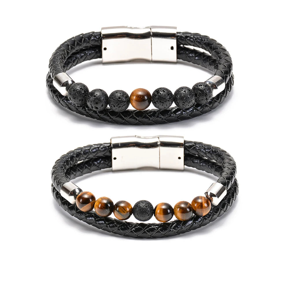 Couple Bracelet with Lava Stone Gemstone Beads Leather Magnetic Clasp-Tiger's Eye Lapis Lazuli for Men Women Gift
