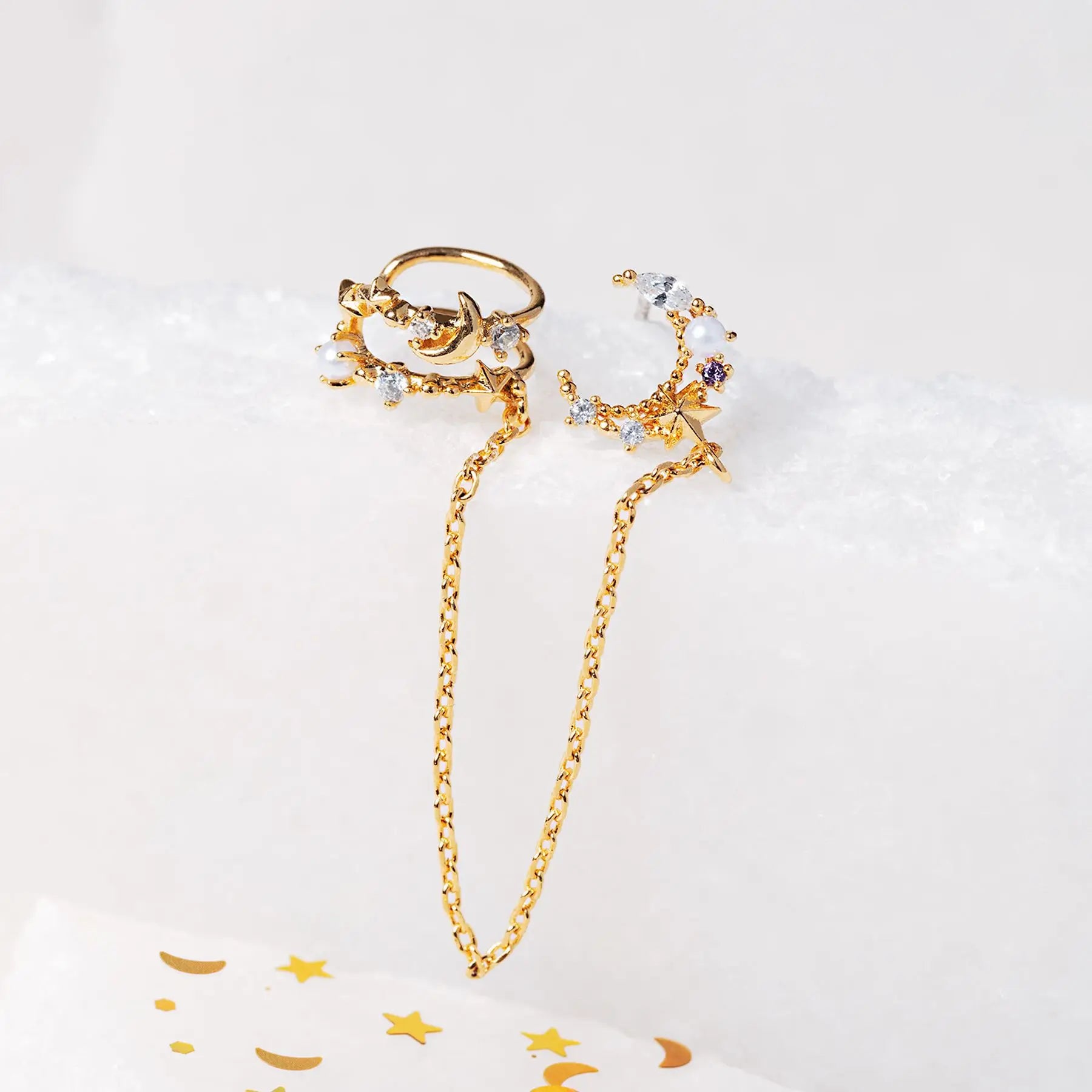 S925 Silver Needle Ear Jewelry Fashion Star Moon Zircon Brass Double Earring Connecting Chain Tassel Clip on Earrings for Women